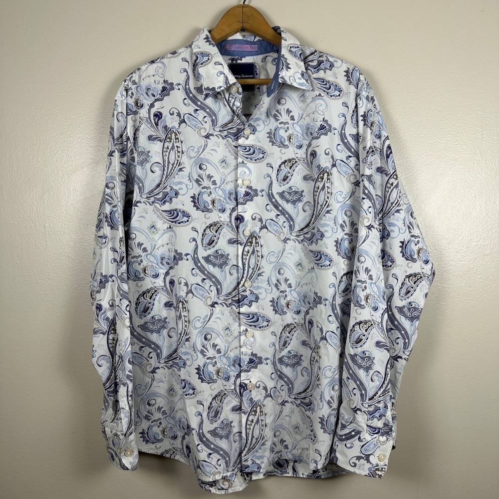 Tommy Bahama Mens Large Button Down‎ White Blue Paisley Cotton Silk Long Sleeve